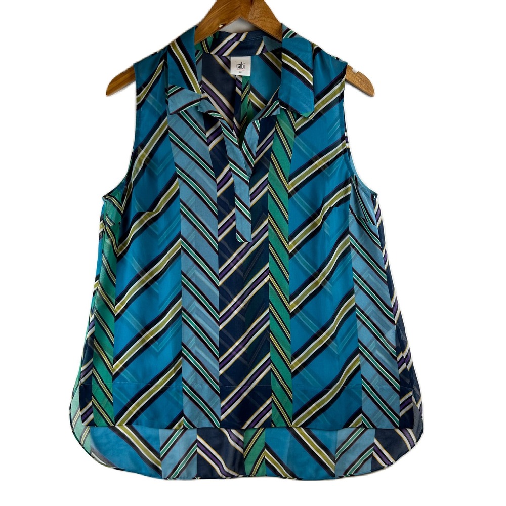 Cabi Womens Blue Green Striped Sleeveless Ascot Chiffon Blouse Top 3780 M